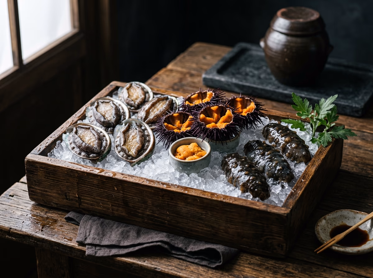 Jangssi Haenyeo-jip Bada Dul sea cucumber sashimi, lineup from the live tank (AI illustration)