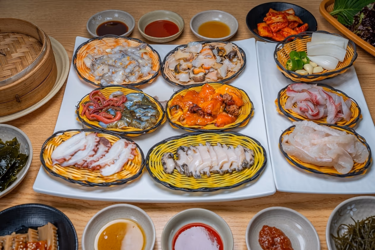 기장 횟집 추천 장씨해녀집 바다둘 ₩66,000 한 상 전체 차림, 회 8종 + 조개찜·홍합탕·곁들임 4종이 함께