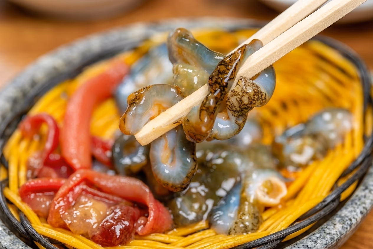 장씨해녀집 바다둘 해삼회 젓가락샷, 꼬들꼬들한 식감의 흰 속살 단면