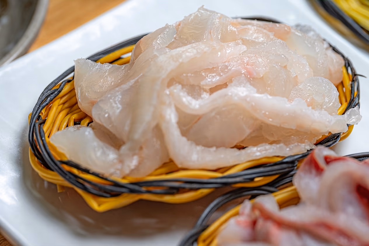 장씨해녀집 바다둘 광어회, 두툼한 슬라이스가 부채꼴로 펼쳐진 흰 도자기 접시