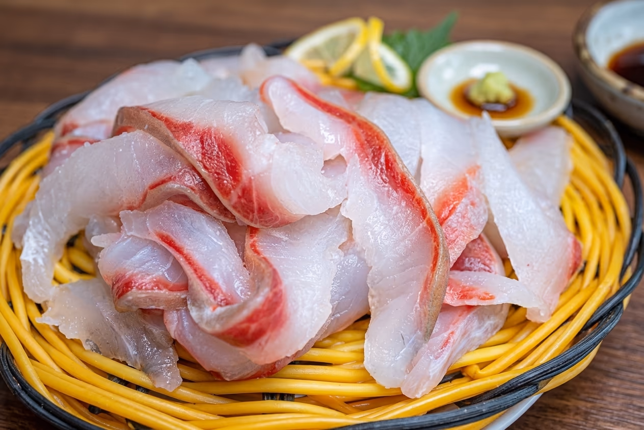 장씨해녀집 바다둘 밀치(가숭어)회, 겨울 한정 등푸른 외피와 기름진 흰살의 두툼한 슬라이스