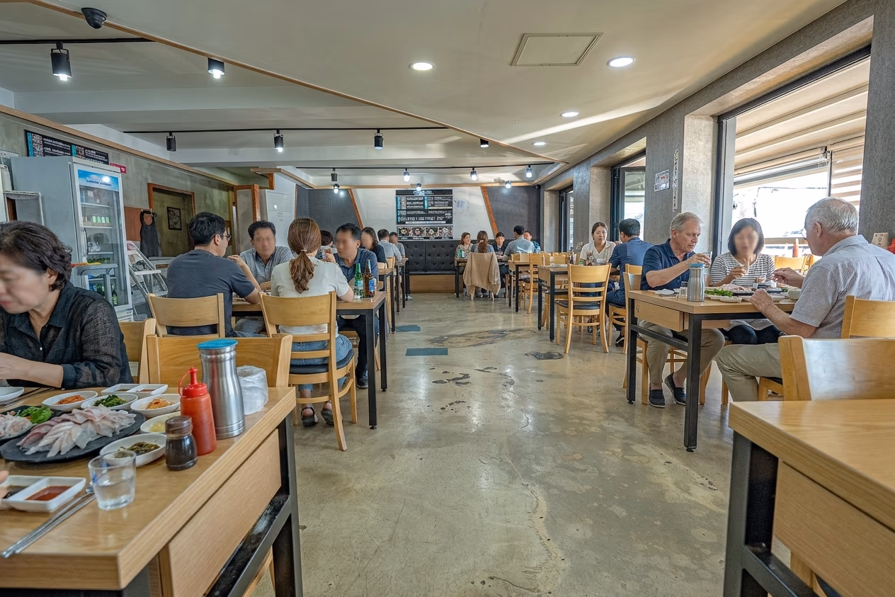 장씨해녀집 매장 내부, 한국·외국인 손님들이 회 한 상을 즐기는 활기찬 좌석 풍경