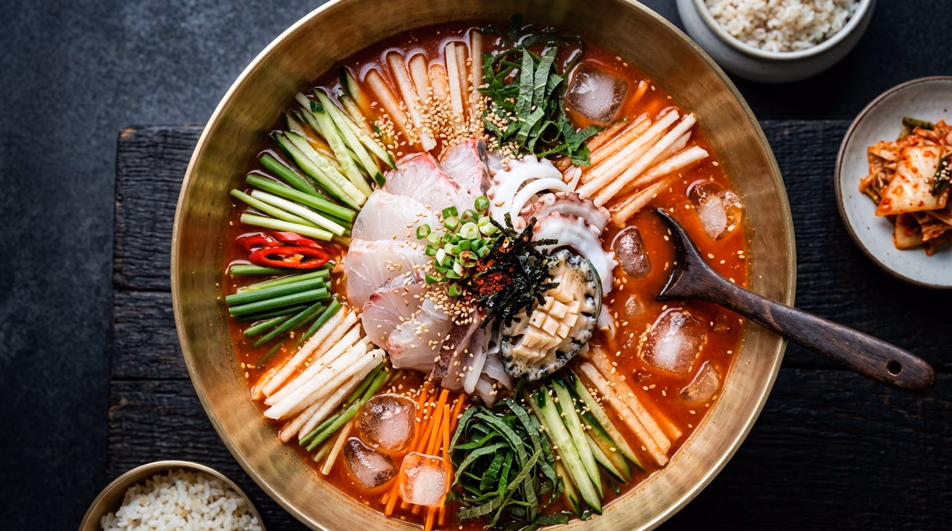 장씨해녀집 해녀밥 세트의 칼국수 다시마·멸치·바지락 깔끔한 육수 (AI 생성 일러스트)