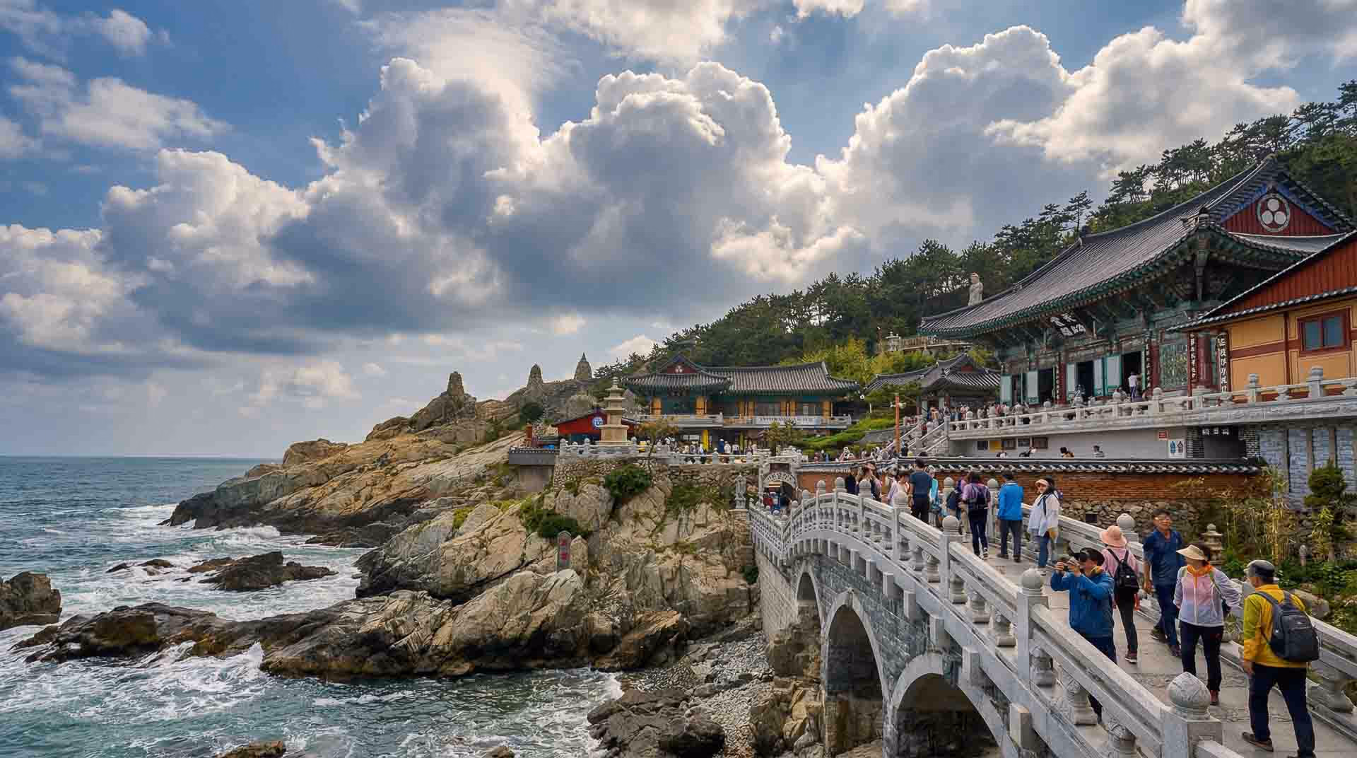 Panoramic view of Haedong Yonggungsa Temple overlooking the open ocean (This image was partially enhanced/generated with AI for visual clarity)