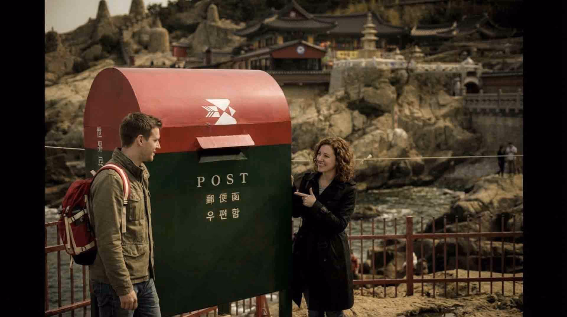 Giant postbox photo zone at Haedong Yonggungsa (This image was partially enhanced/generated with AI for visual clarity)