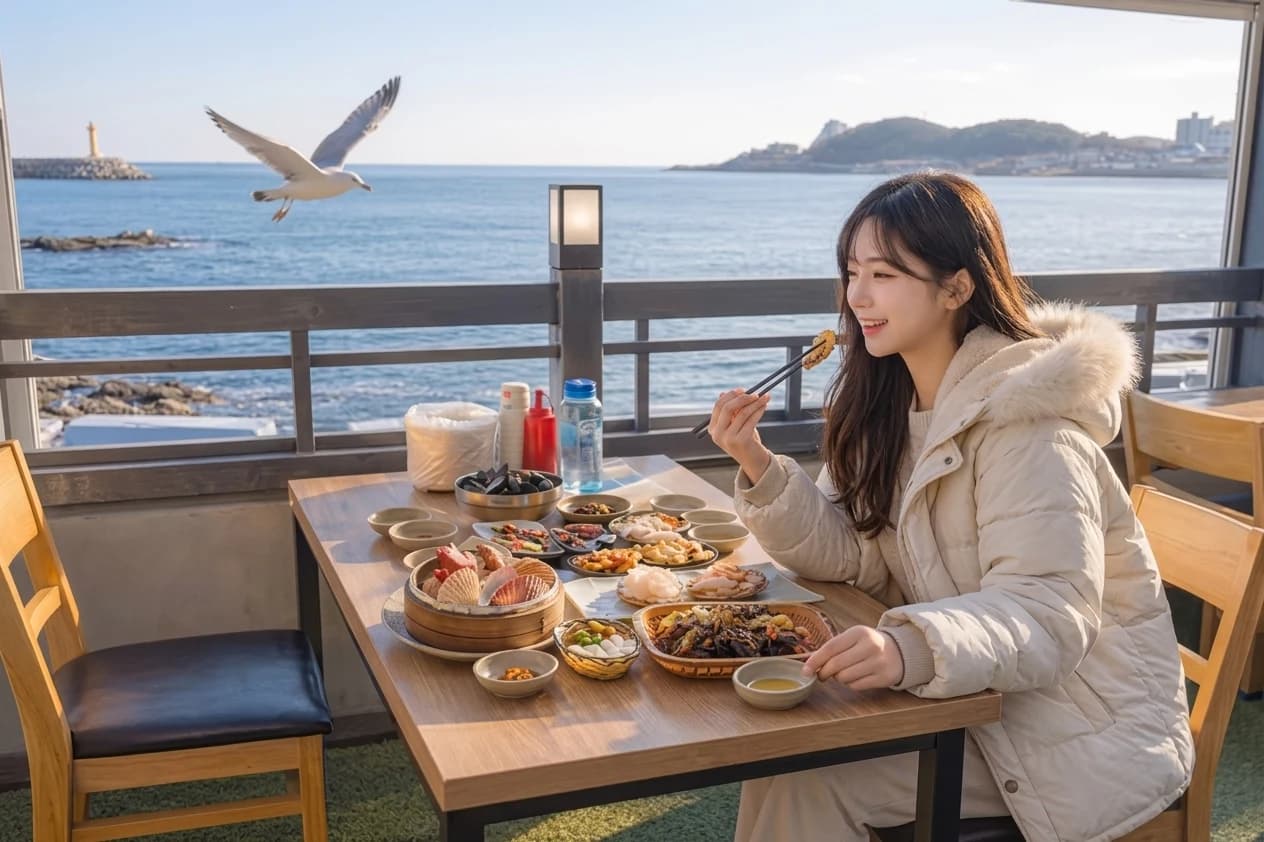 Ocean view and sample platter layout at the Yeonhwa-ri main store