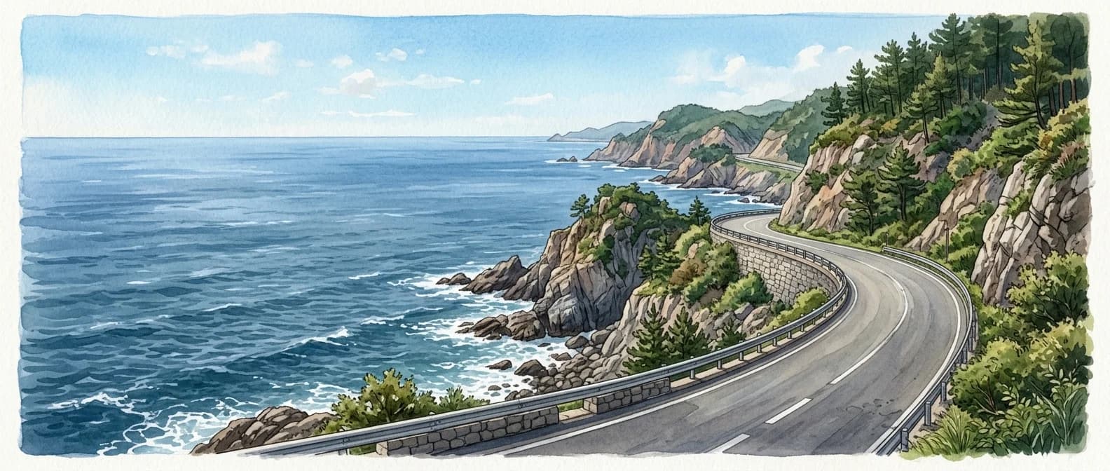 부산 기장 해안도로와 동해를 배경으로 한 드라이브 풍경 일러스트레이션