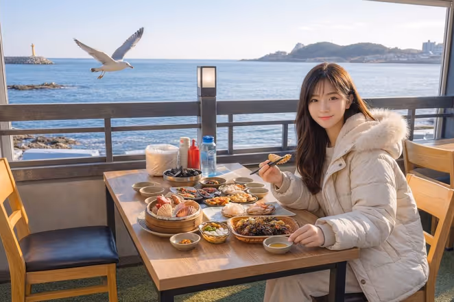 장씨해녀집 연화리본점 2층 오션뷰 창가석에서 바라본 기장 바다와 해산물 상차림