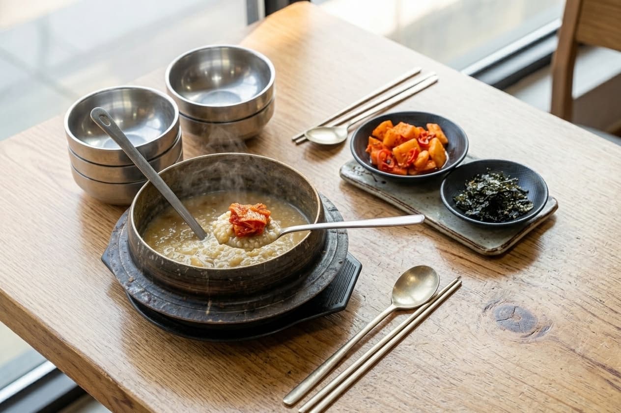 2인 아침식사 테이블: 솥단지 + 반찬 구성